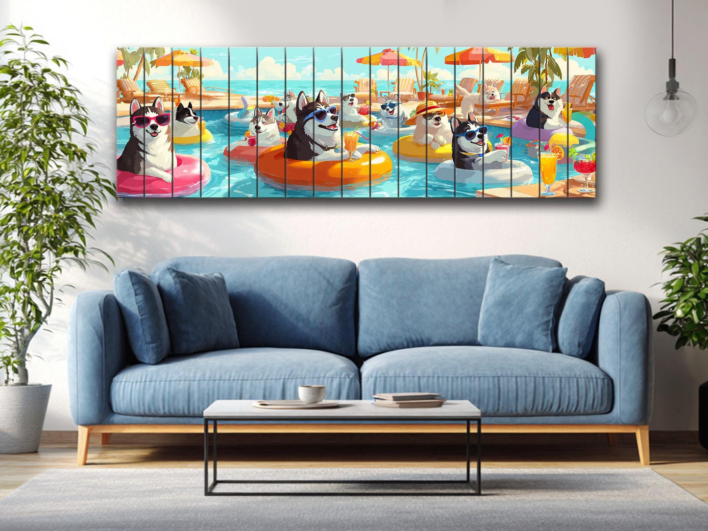Funny Husky Wall Art – Playful Pool Party Print on Rustic Wood Decor