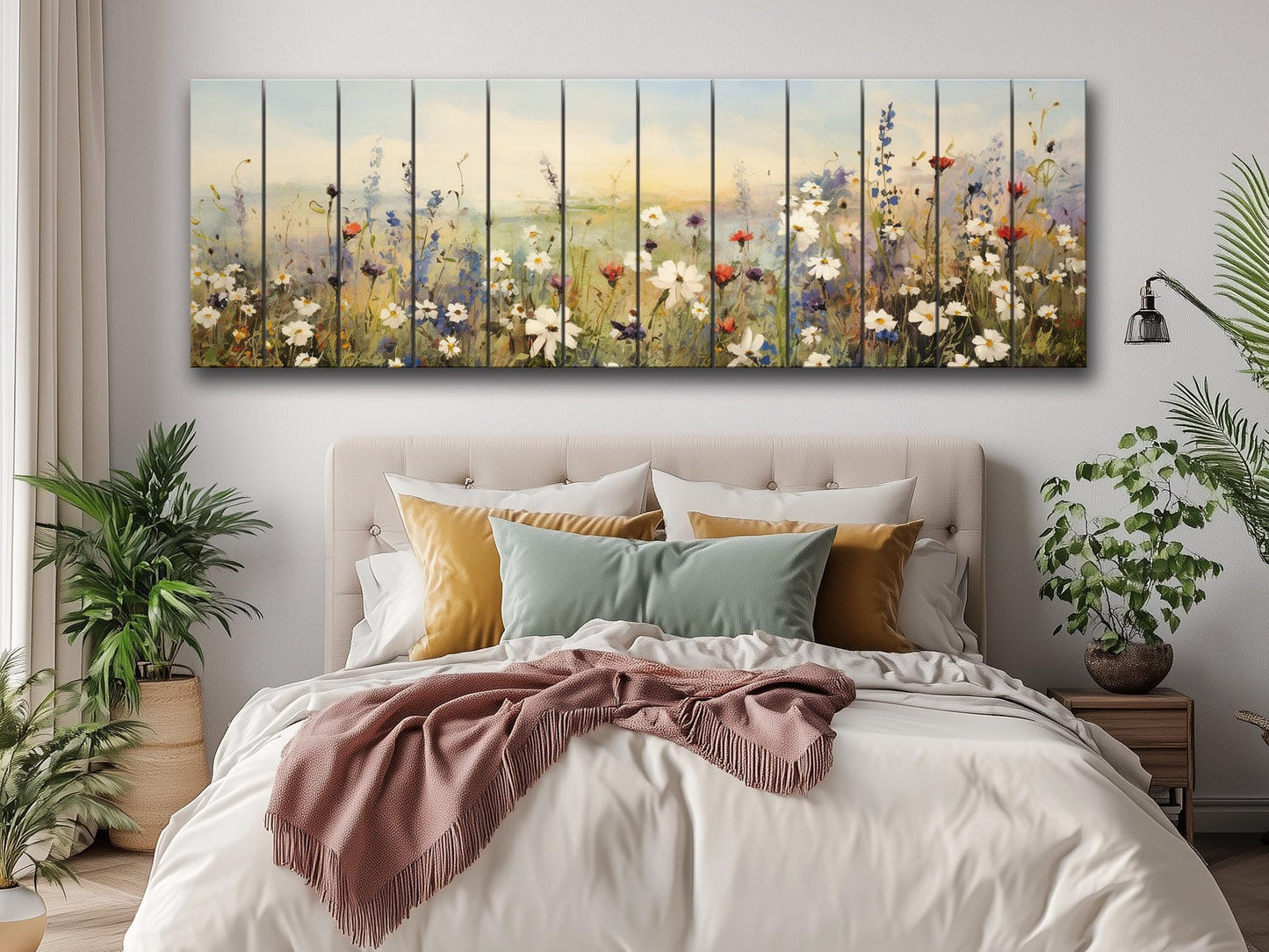 Whimsical Field of Wild Flowers Printed On Natural Wood - Rustic Wall Art