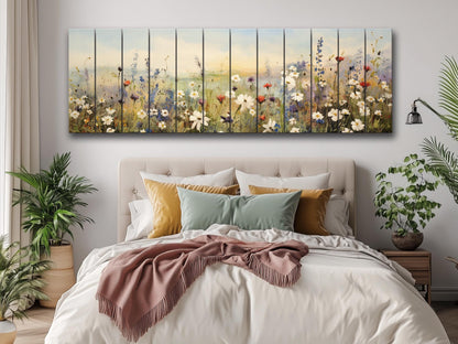 Whimsical Field of Wild Flowers Printed On Natural Wood - Rustic Wall Art