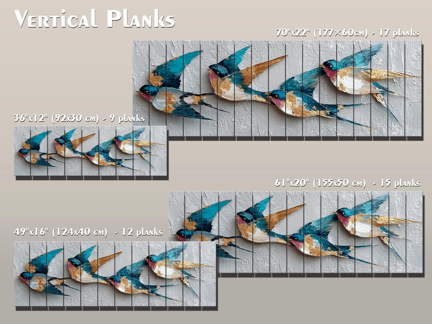 Flying Swallows Print on Natural Wood, Rustic Spring Wall Art