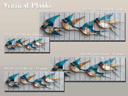 Flying Swallows Print on Natural Wood, Rustic Spring Wall Art