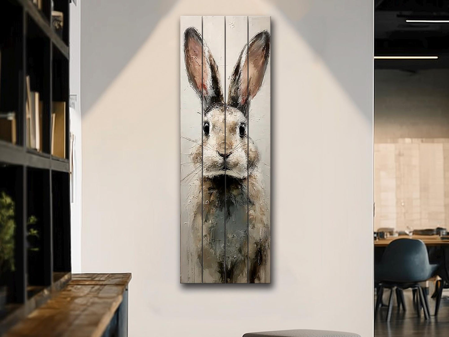 Rabbit Portrait Print on Wood – Beige and Gray Brushstroke Oil Painting, Neutral Rustic Wall Art