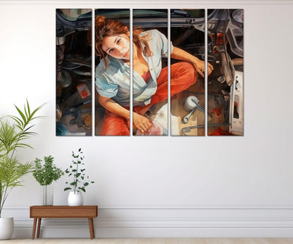 Mechanic Woman Canvas – Retro Mechanic Print | Workshop Wall Decor, Framed Canvas Art