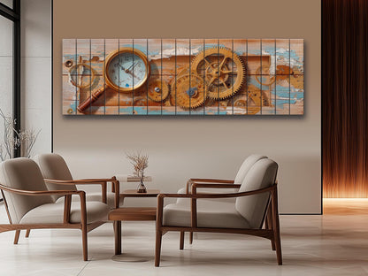 Rustic Steampunk Wall Art – Clockmaker Wood Print With Gears & Magnifier on Wood