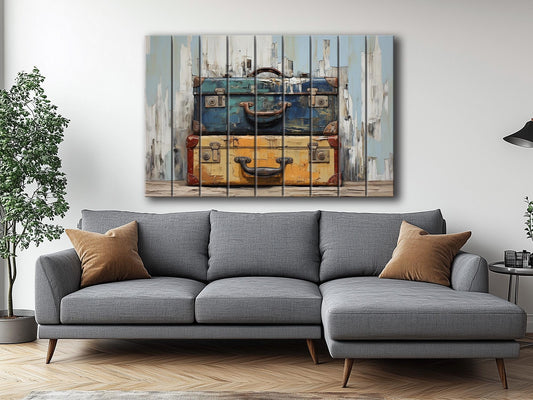 Retro Suitcases Painting | Vintage Travel Decor on Natural Wood Planks