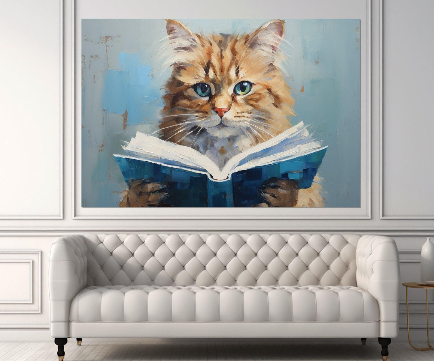 Cat Reading Book Abstract Painting Canvas Print, Kids Room Decor, Nursery Wall Art, Framed and Ready to Hang