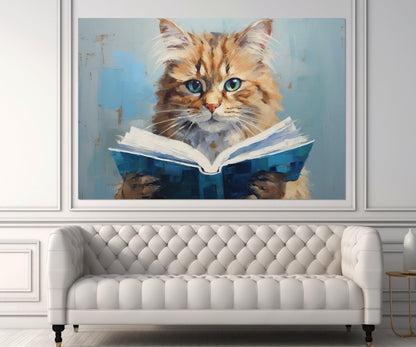 Cat Reading Book Abstract Painting Canvas Print, Kids Room Decor, Nursery Wall Art, Framed and Ready to Hang