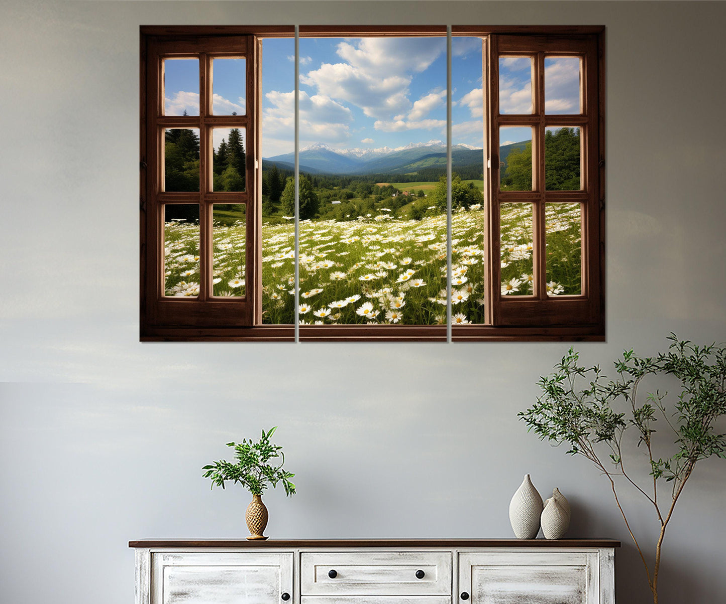 Chamomile Field Canvas – Open Window Faux Window Wall Art, Framed Canvas Print Ready to Hang