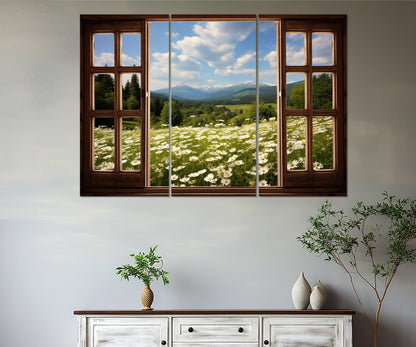 Chamomile Field Canvas – Open Window Faux Window Wall Art, Framed Canvas Print Ready to Hang