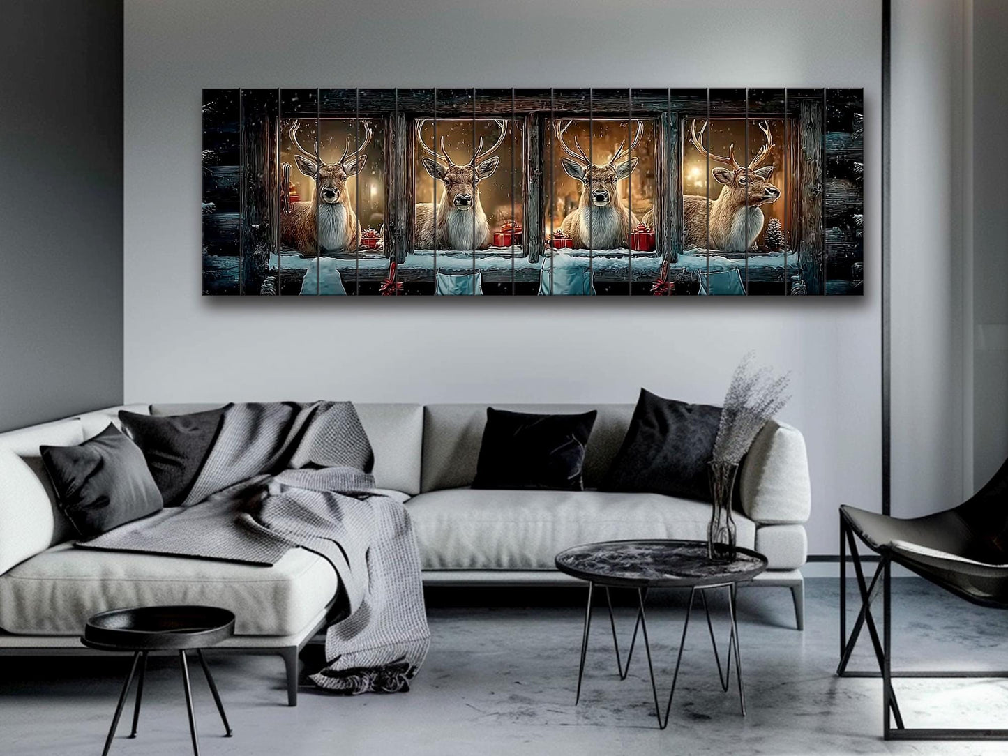 Christmas Reindeer Cabin Print on Wood – Cozy Winter Night Wall Art, Rustic Holiday Decor