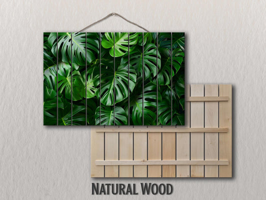 Wood Wall Art - Tropical Green Leaves Print on Natural Wood, Abstract Deep Green Wall Art, Tropical Wall Art, Modern Palm Leaf Print
