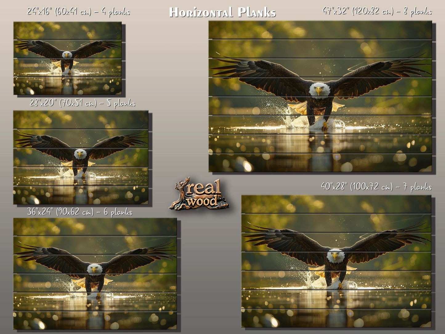 Hunting Eagle Painting Printed on Natural Wood, Birds Hunters Wall Art, Eagle Fishing, Hunter Gift, Wood Wall Art