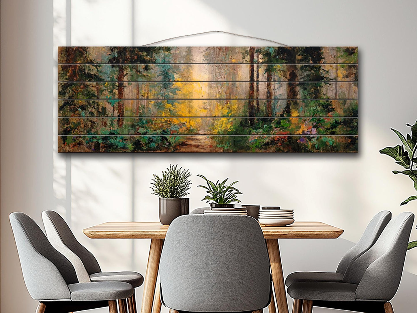 Mystical Forest Path Bathed in Golden Morning Light Print on Wood, Rustic Forest Painting, Cozy Cabin Wall Decor, Wood Wall Art
