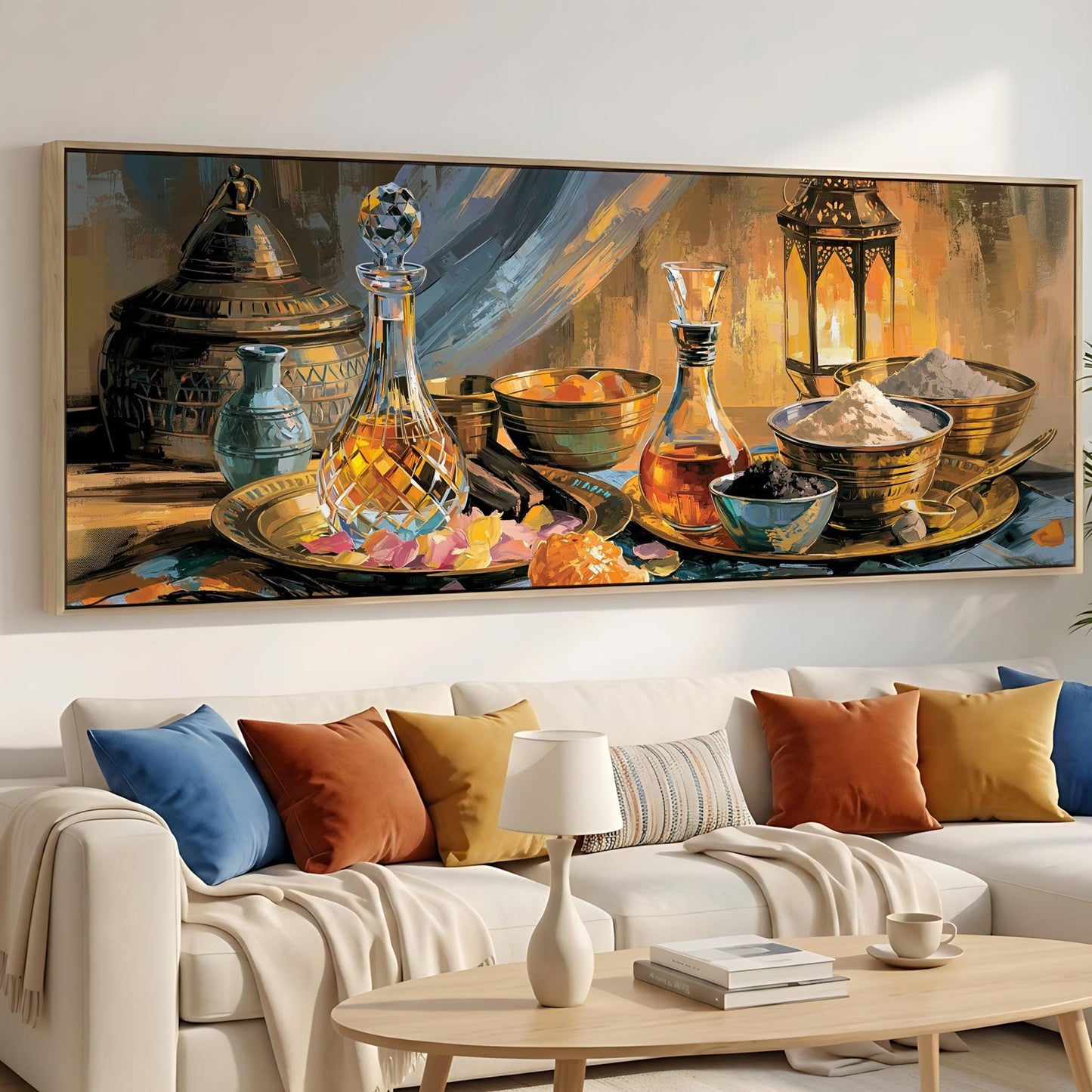 a cozy living room with a large painting of various objects, including a vase, bowls, and a lamp, hanging on the wall above a white sofa adorned with colorful throw pillows.