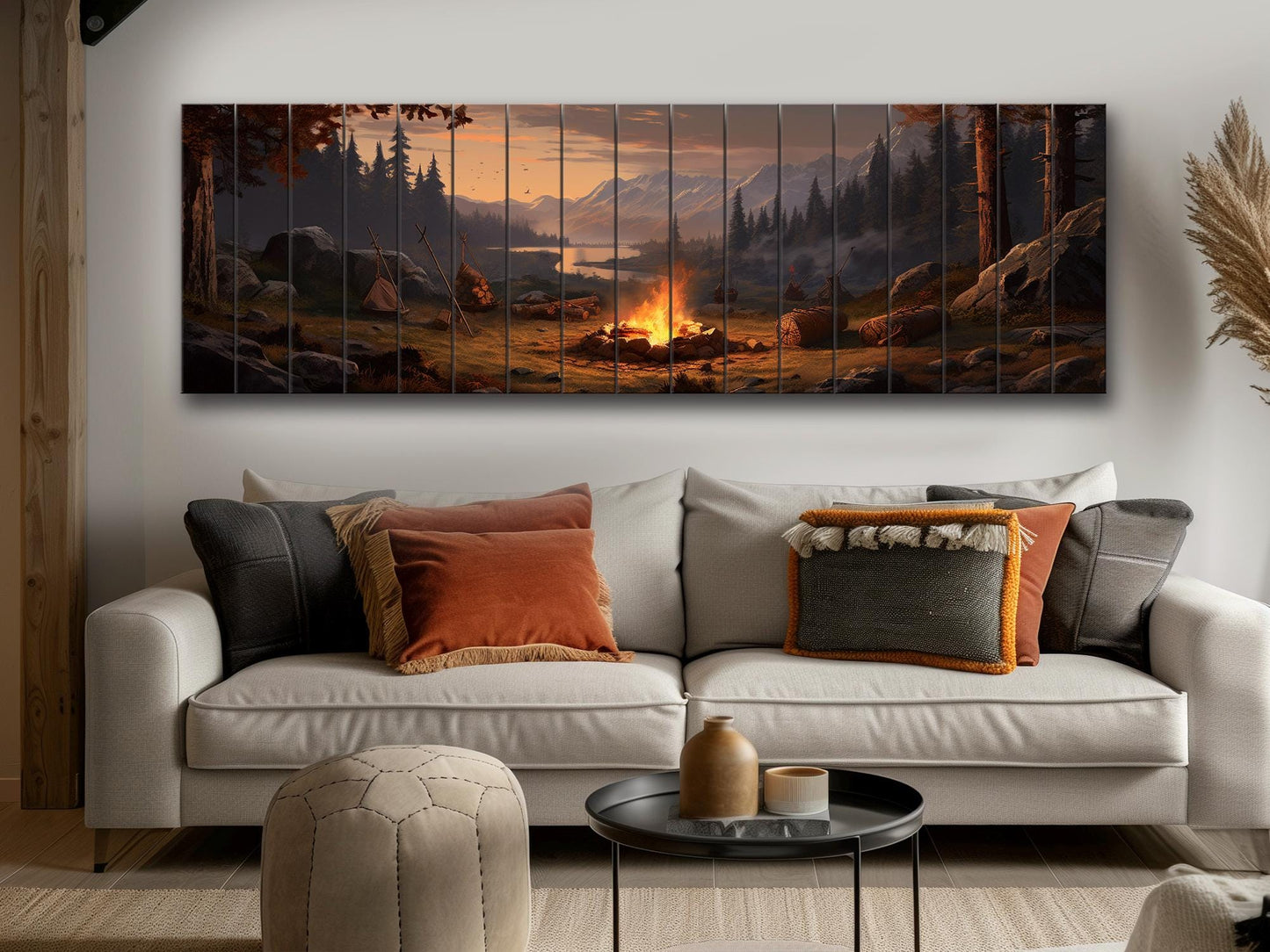 Rustic Wood Wall Art – Bonfire Forest Print on Natural Wood Plank Art