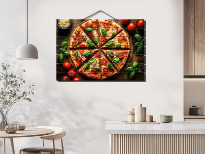 Pizza Wall Art - Colorful Pizza Print on Wood | Rustic Kitchen Wall Decor