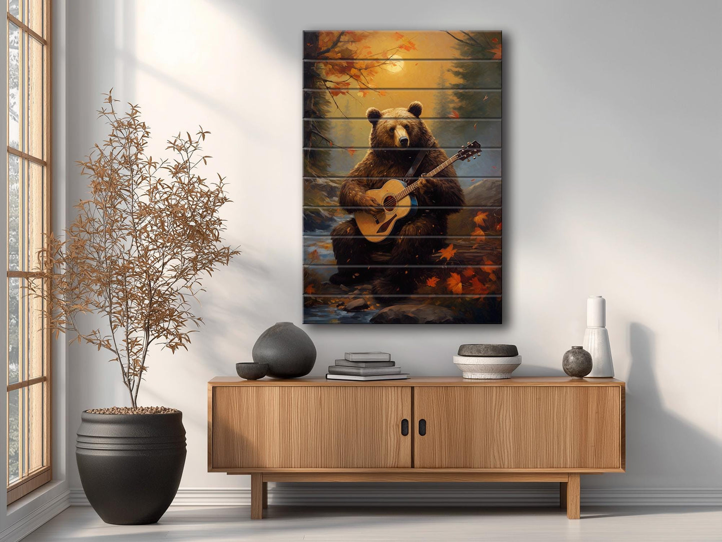 Bear Guitar Wall Art – Rustic Wood Print On Natural Wood Plank Art