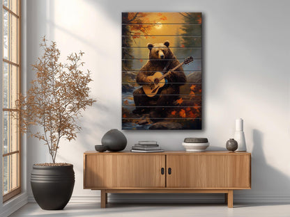 Bear Guitar Wall Art – Rustic Wood Print On Natural Wood Plank Art
