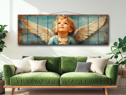 Christian Wall Art - Rustic Angel Painting on Natural Wood | Bible Wall Decor