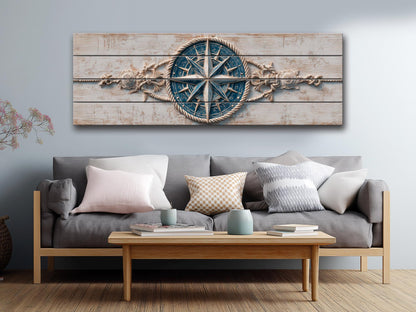 Compass Rose Wood Print – Nautical Wall Art | Rustic Coastal Decor with Anchor & Rope