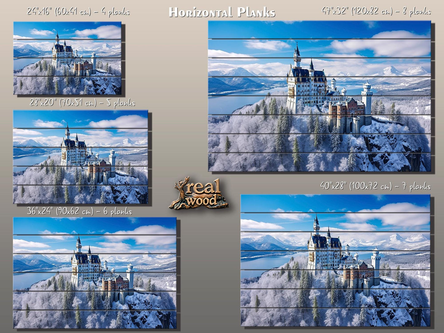 Neuschwanstein Castle Painting – Winter Castle Wall Art on Natural Wood Planks