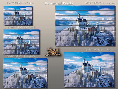 Neuschwanstein Castle Painting – Winter Castle Wall Art on Natural Wood Planks