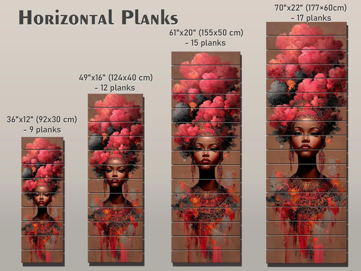 African Woman Wood Print – Tribal Wall Art With Red Cloud Headdress, Ready to Hang