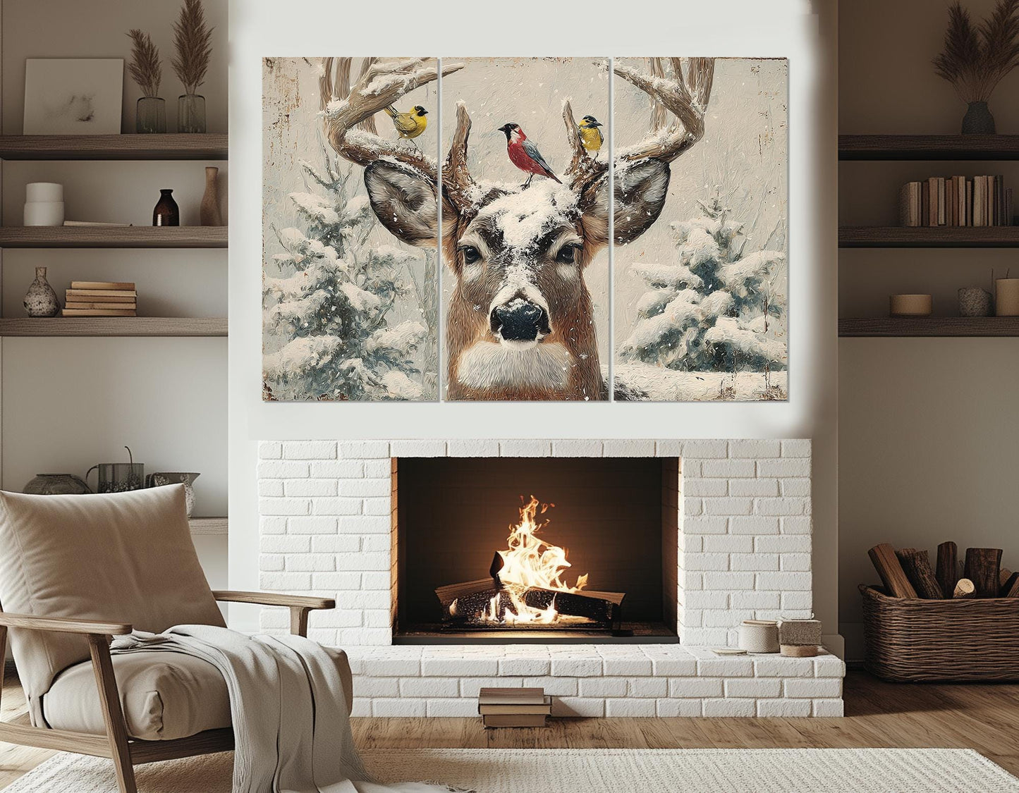 Rustic Snowy Deer Canvas – Framed Canvas Print | Winter Cabin Decor Ready to Hang