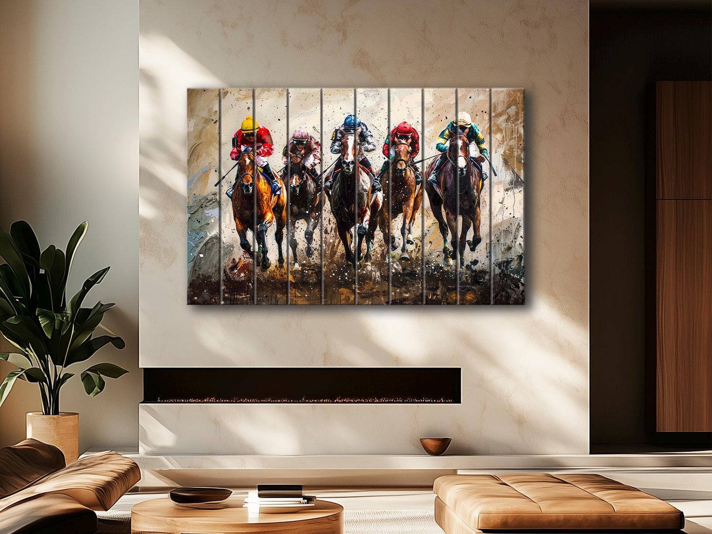 Horse Racing Painting Printed on Wood, Horses Wall Art, Horse Racing Fan Gift, Kentucky Derby Wall Art, Rustic Natural Wood Print