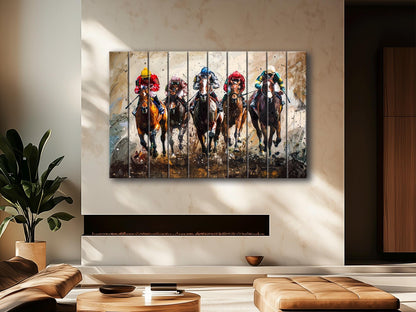Horse Racing Painting Printed on Wood, Horses Wall Art, Horse Racing Fan Gift, Kentucky Derby Wall Art, Rustic Natural Wood Print