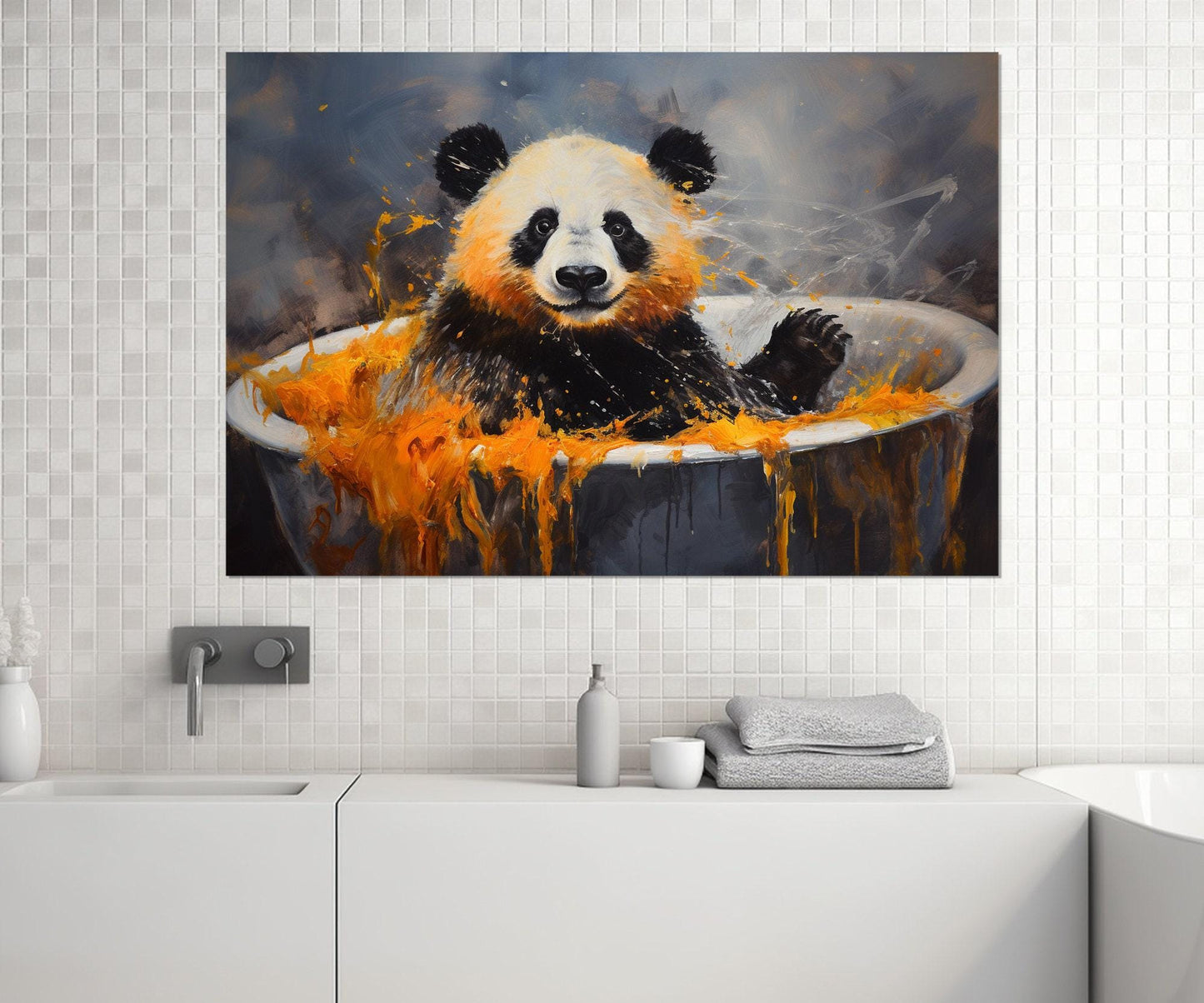 Cute Panda in the Bathtub Painting Canvas Print, Bathroom Wall Art, Bathroom Wall Decor, Nursery Canvas Art, Baby Room Decor