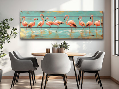 Wood Wall Art – Flock of Graceful Flamingos Print on Natural Wood, Rustic Flamingo Painting, Flamingo Wall Art, Soft Tones Birds Wall Art
