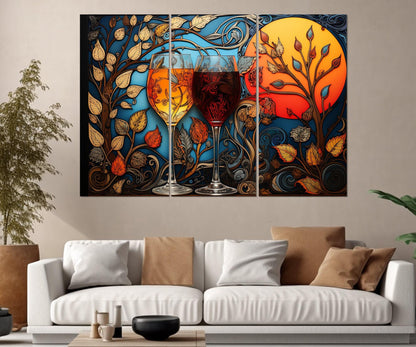 Glasses with White and Red Wine Painting Canvas Print, Madhubani Style Wine Wall Art, Wine Shop Decor, Framed and Ready to Hang