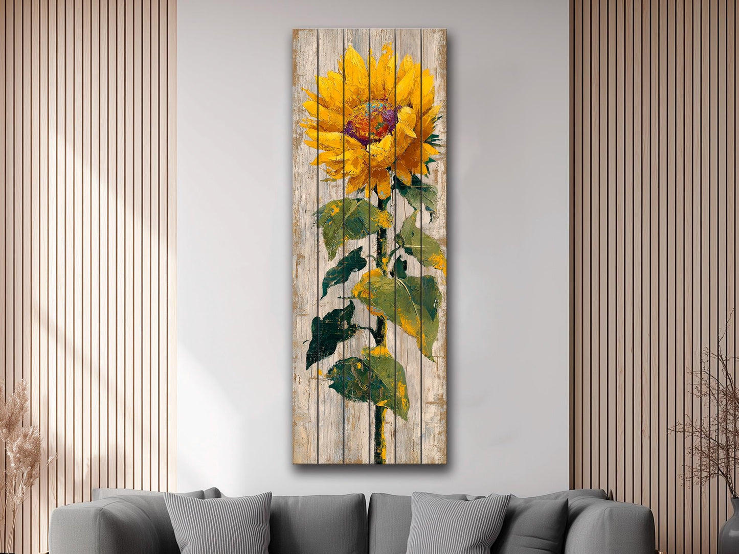 Rustic Sunflower Wall Art – Handcrafted Wood Wall Decor with Vertical Planks