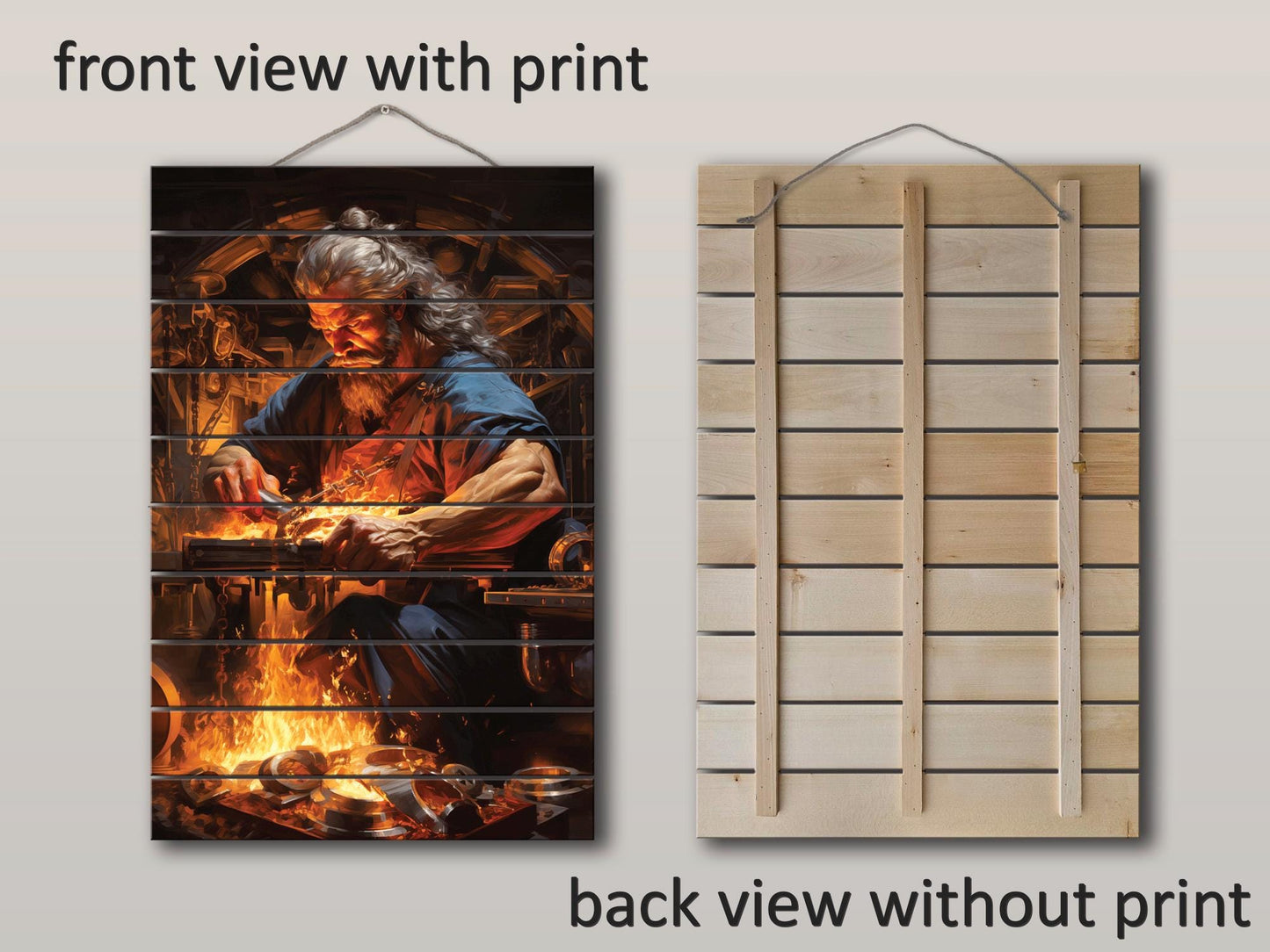 Hephaestus Wood Print – Rustic Blacksmith Wall Decor | Natural Wood Art Panel