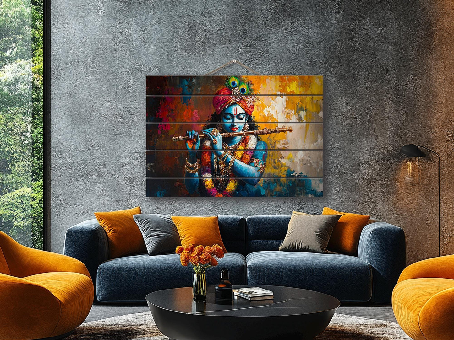 Lord Krishna with Flute Print on Natural Wood, Indian Hindu God Painting, Rustic Indian Wall Art, Lord Krishna Painting, Wood in Interior