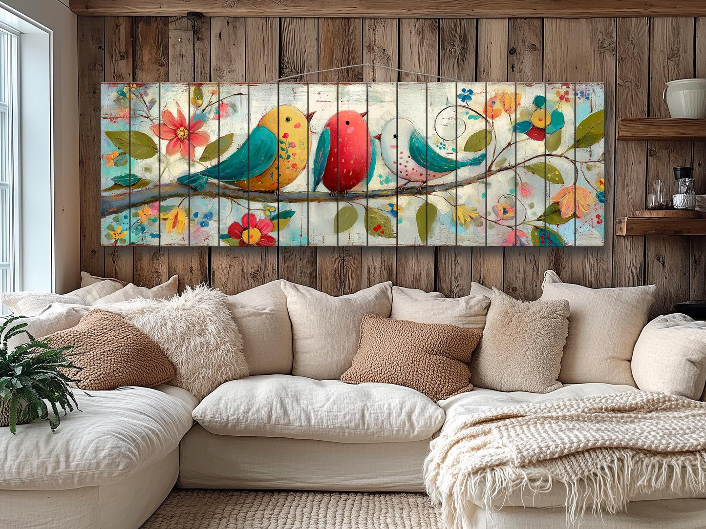 Wood Wall Art - Trio of Birds Print on Natural Wood Plank | Rustic Folk Art Decor