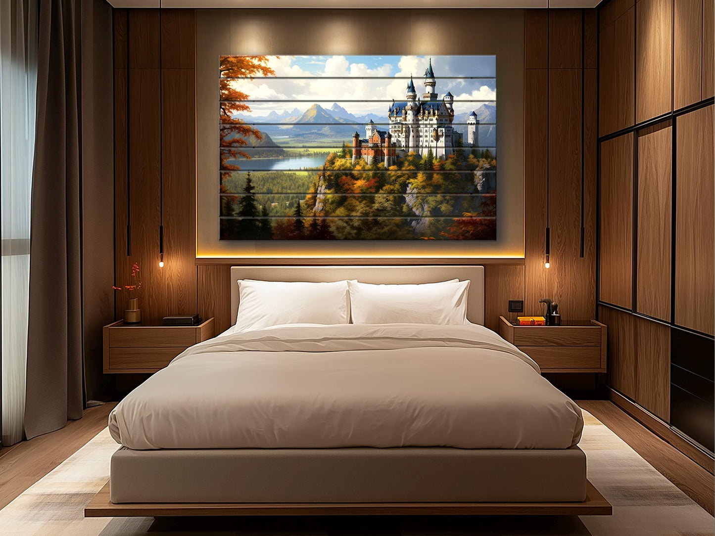 Neuschwanstein Castle Painting | Rustic Wood Wall Art – Natural Wood Print