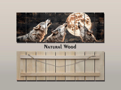Rustic Wood Wall Art – Howling Wolves Moon Print on Natural Wood | Indigenous Wolf Decor