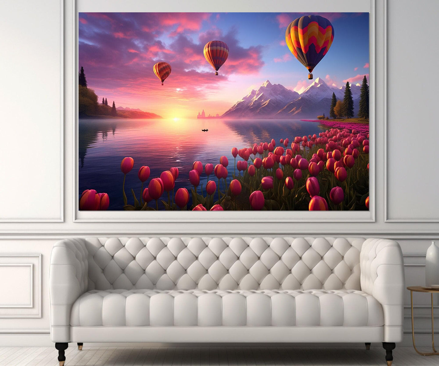 Air Balloons Canvas Print – Framed Lake Landscape Art with Pink Tulips
