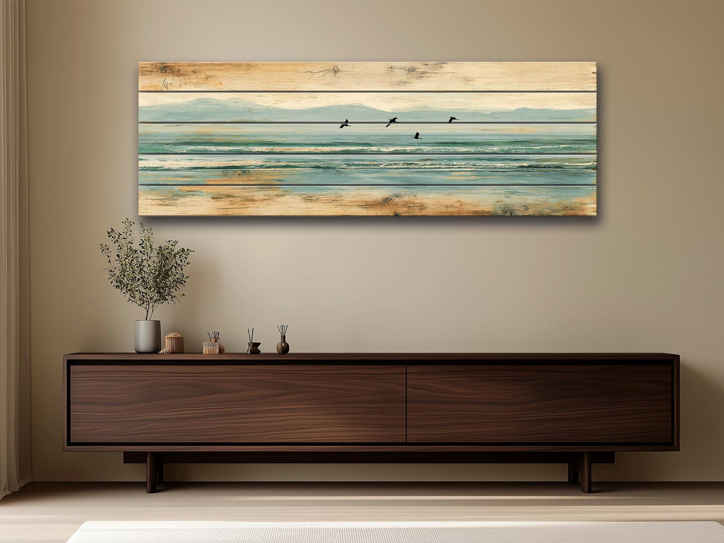 Coastal Wood Art – Pelican Wall Print on Natural Linden Wood, Rustic Beach Decoration