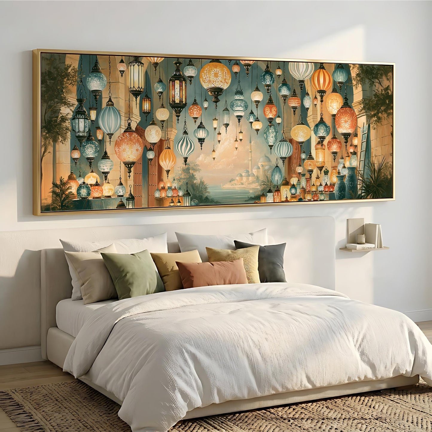 a large, colorful painting of lanterns hanging above a bed with white bedding.