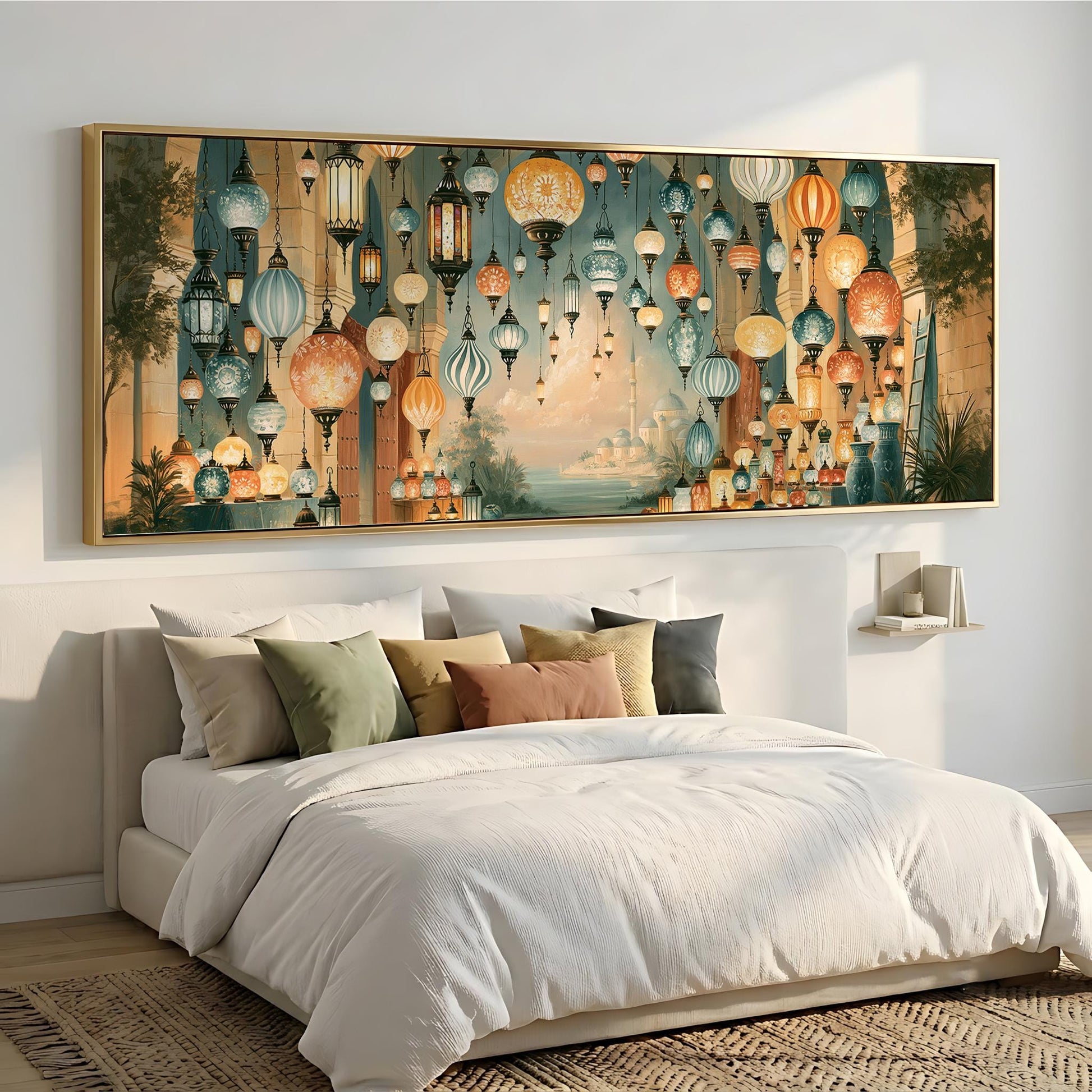 a large, colorful painting of lanterns hanging above a bed with white bedding.