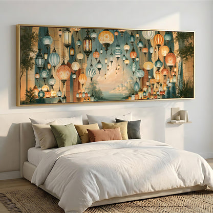 a large, colorful painting of lanterns hanging above a bed with white bedding.