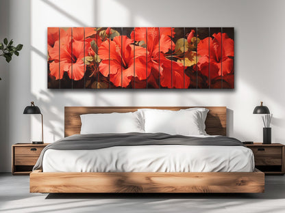 Red Hibiscus Wood Print – Natural Wood Wall Art | Impressionist Floral Decor