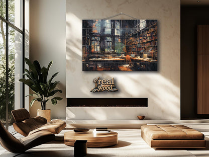 Wood Wall Art - Abstract Library Oil Painting | Natural Wood Print Decor