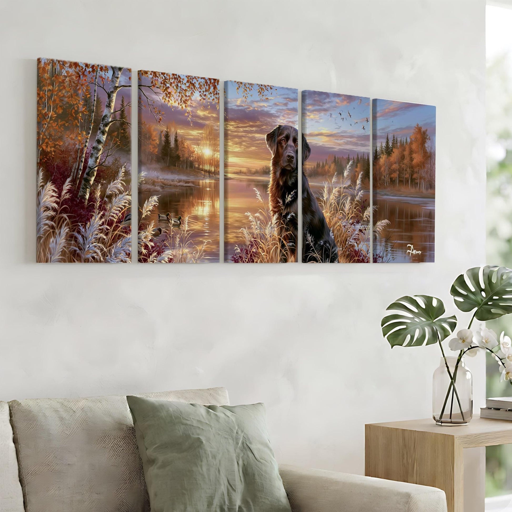 A large wall art collage depicting a serene landscape with a dog sitting in the foreground, surrounded by trees, grass, and a lake.