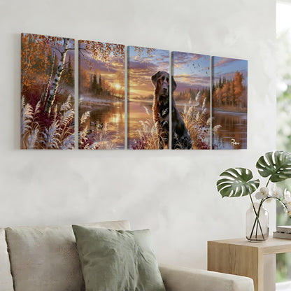 A large wall art collage depicting a serene landscape with a dog sitting in the foreground, surrounded by trees, grass, and a lake.