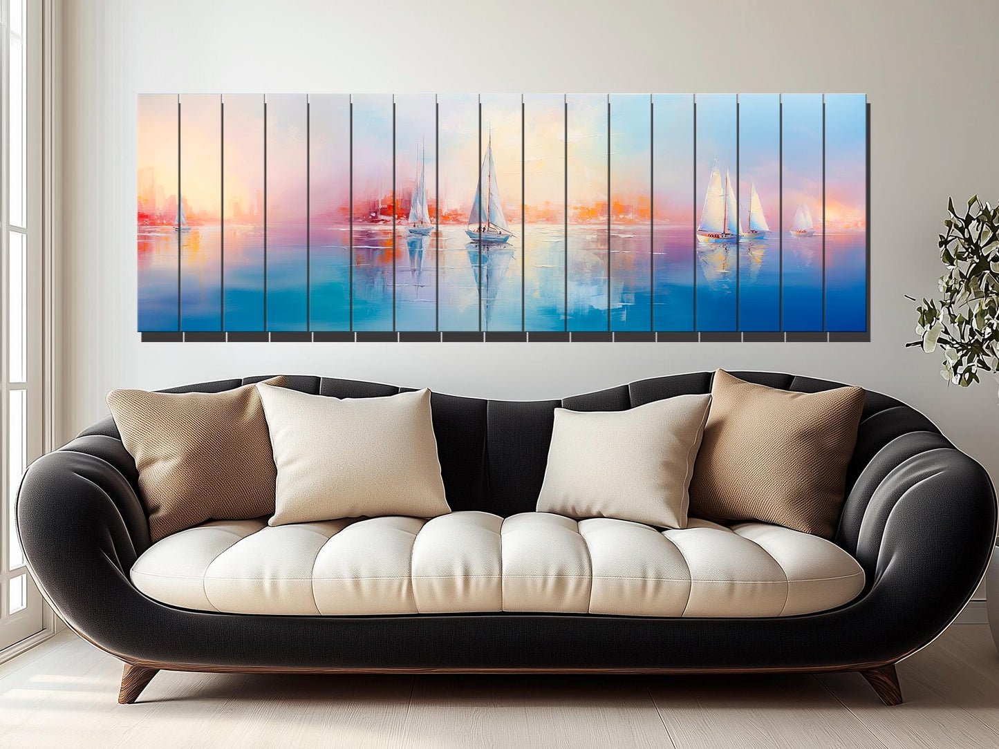 Nautical Wood Wall Art – Abstract Sailboats Painting Printed on Wood, Rustic Coastal Decor