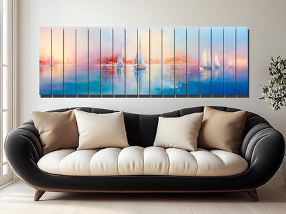 Nautical Wood Wall Art – Abstract Sailboats Painting Printed on Wood, Rustic Coastal Decor